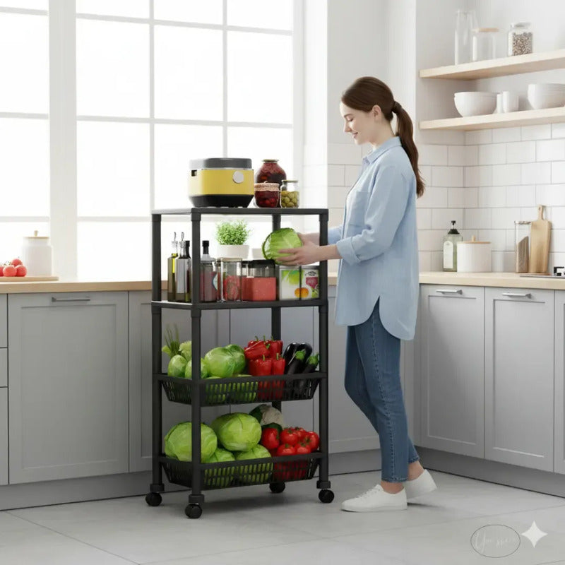 Carrito Organizador 4 Niveles Multiuso Verdulero Con Cesta Negro