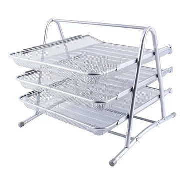 Bandeja Papelera Stendy Organizador Escritorio Metal 3 Pisos Desk Color Plateada Malla Metálica