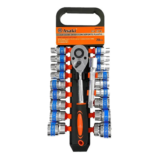 Juego Dados Chicharra 1/2'' Asaki 20 Piezas Acero Cromo Vanadio Plateado