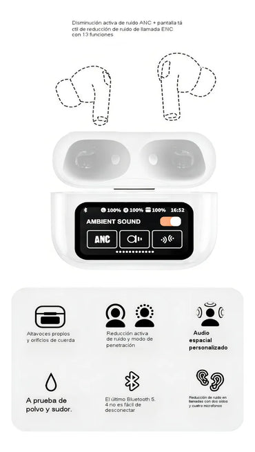 Auriculares Bluetooth A9pro Cancelación Ruido Lcd Táctil Color Blanco