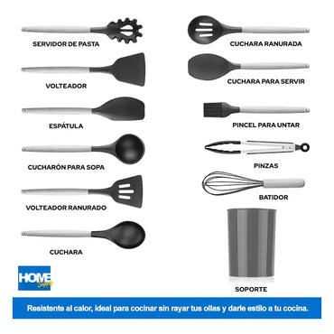 Set 12 Utensilios De Cocina Silicona + Madera Home Supply. Color Negro. Resistente Al Calor, No Raya Las Ollas.