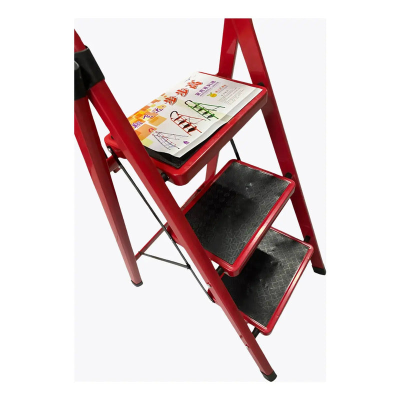 Escalera 3 Escalones Antideslizante Plegable Aluminio Rojo