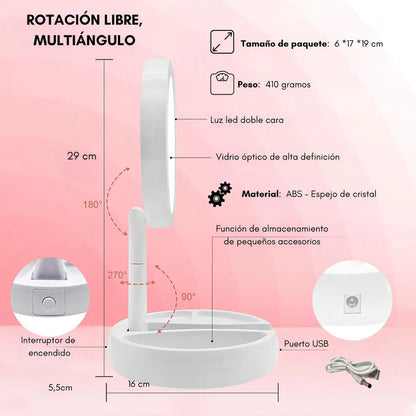 Espejo Con Luz Led Para Maquillaje Plegable + Aumento X 10 Telotenemos Espejo Redondo Circular Giratorio Para Maquillaje Blanco