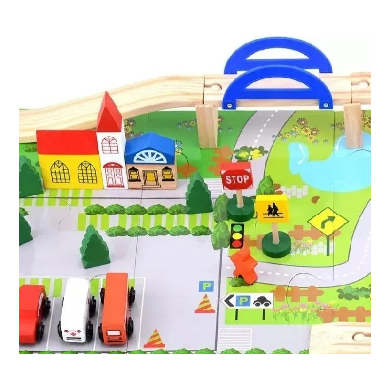 Juguete Didáctico Ciudad Con Pista De Autos Y Puente Madera Color Variados Personaje Pista De Auto