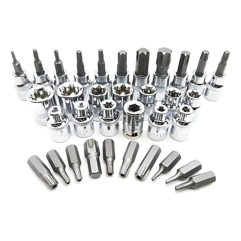 Juego De Dados Torx 34 Pzas Estrella Hembra Macho Acero Cromo Vanadio Plateado