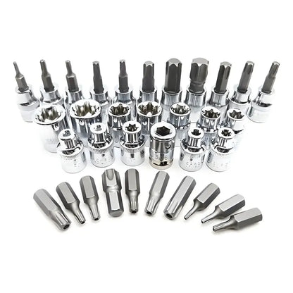 Juego De Dados Torx 34 Pzas Estrella Hembra Macho Acero Cromo Vanadio Plateado