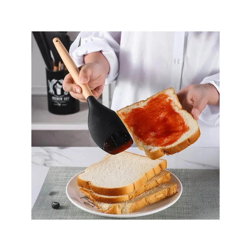 Set 12 Utensilios De Cocina Silicona + Madera Home Supply. Color Negro. Resistente Al Calor, No Raya Las Ollas.