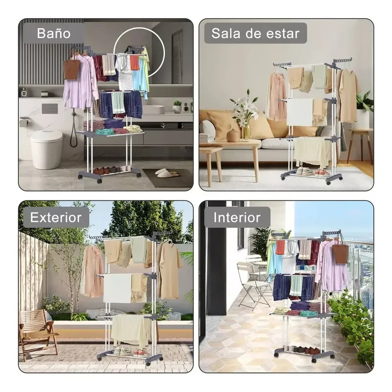 Tendedero 3 Niveles De Pie Colgador Ropa Con Rueda Vertical Portatil Color Blanco Y Azul Genérica Blanco/azul