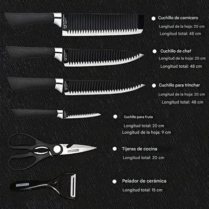 Set De Cuchillos Cocina Profesional Multiuso Tijera+pelador Negro