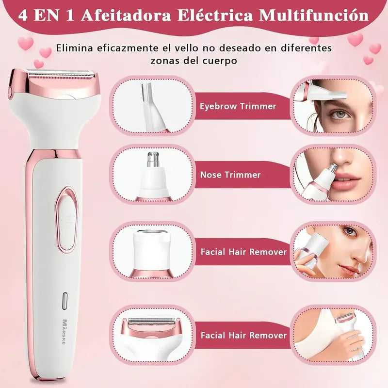 Depiladora Electrica Mujer, 4 En 1 Rasuradora Mujer Portátil Sin Dolor, Afeitadora Femenina Usb Recargable, Impermeable Ipx7, Apto Para Bikini, Axilas, Brazos Y Facial Blanco