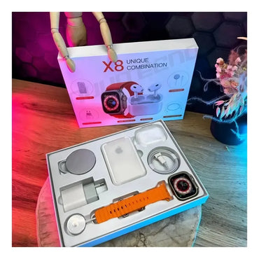 Combo Reloj Watch X8 Ultra + Audifonos In Ear + Power Bank Malla Naranja