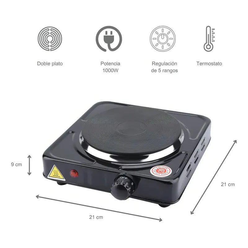 Anafe Cocina Eléctrica Simple Plato 1 Hornalla 1000w A/inoxi Color Negro