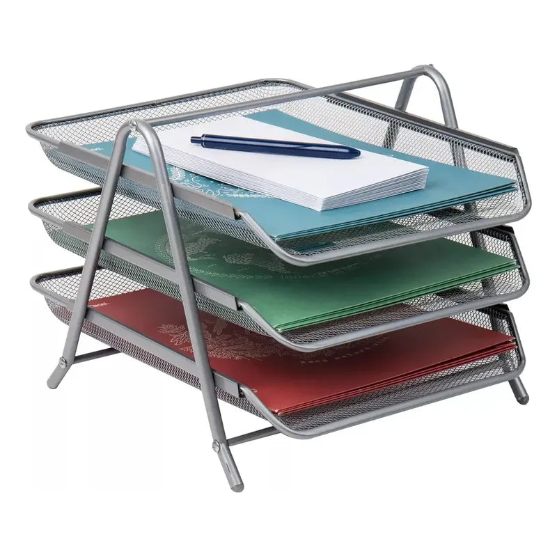 Bandeja Papelera Stendy Organizador Escritorio Metal 3 Pisos Desk Color Plateada Malla Metálica
