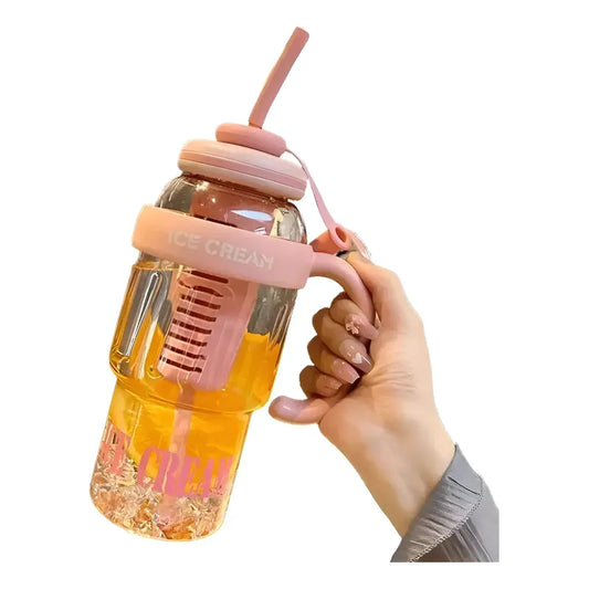 Botella Taza Vaso Ice Cream 1.3 Litros Ice Cream Con Popote Rosa