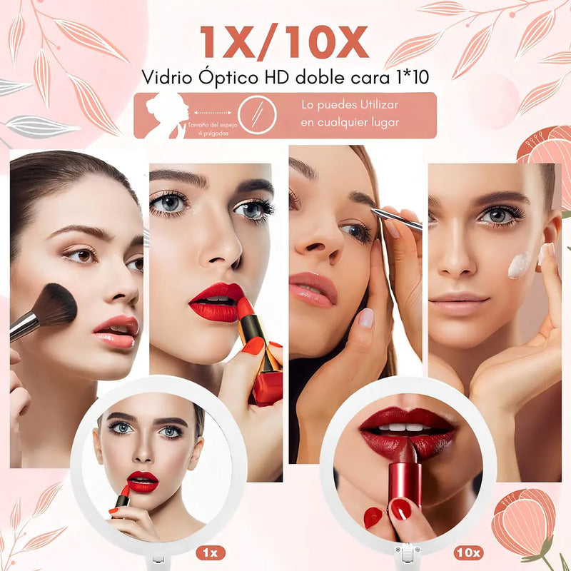 Espejo Con Luz Led Para Maquillaje Plegable + Aumento X 10 Telotenemos Espejo Redondo Circular Giratorio Para Maquillaje Blanco