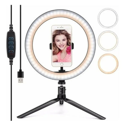 Anillo Aro Luz Led Fotografía 26 Cm + Trípode Ajustable Estructura Negro Luz Blanco Frío