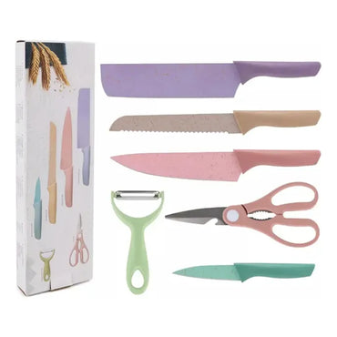 Set 6 Piezas De Cuchillos De Cocina Colores Tijera Y Pelador Multicolor