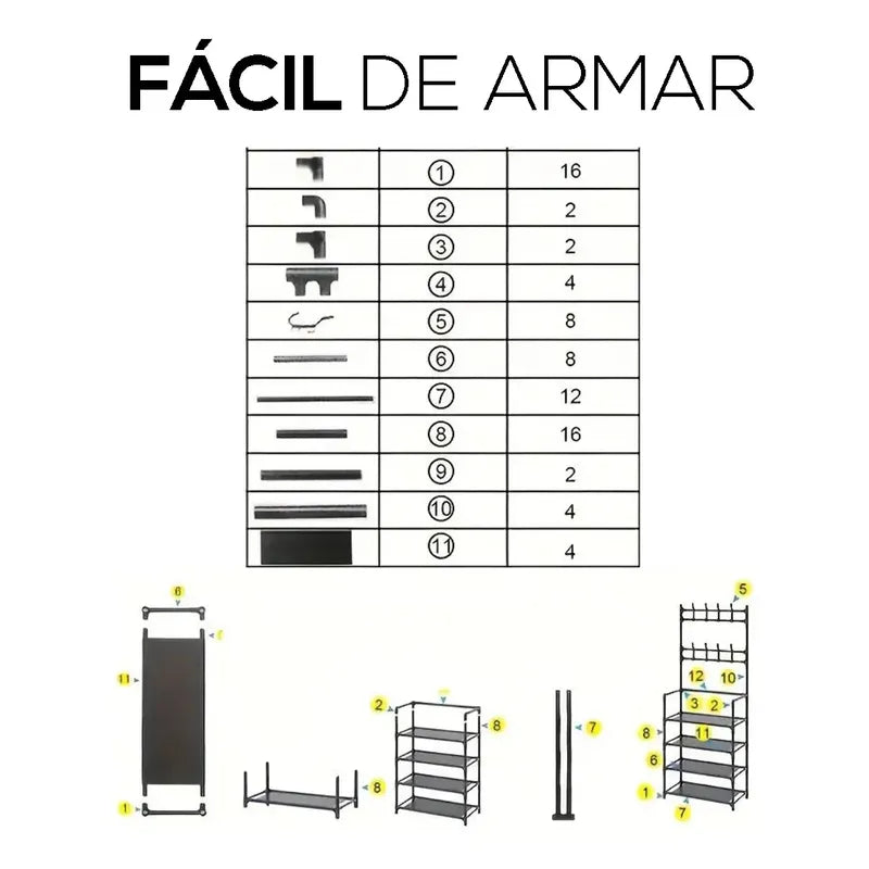 Perchero Zapatero Organizador 4 Niveles Ganchos Móviles De Acero Metálico Fasilyt Color Negro