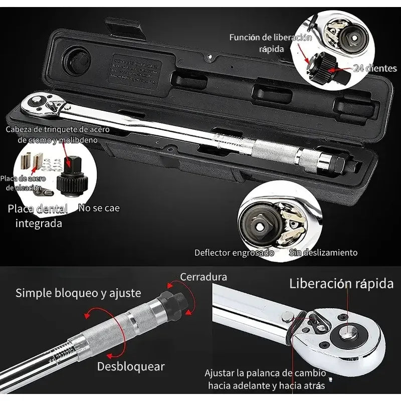 Torquímetro Profesional 1/2 Traba Regulable Precisión 2.9 A 21 Kg Herramienta Ajuste Torque Con Estuche Mecánico Taller Auto Moto Automotriz Trinquete Seguro Medidor Cromado Fijo Plateado
