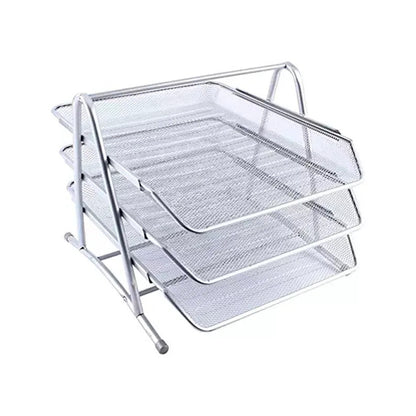 Bandeja Papelera Stendy Organizador Escritorio Metal 3 Pisos Desk Color Plateada Malla Metálica