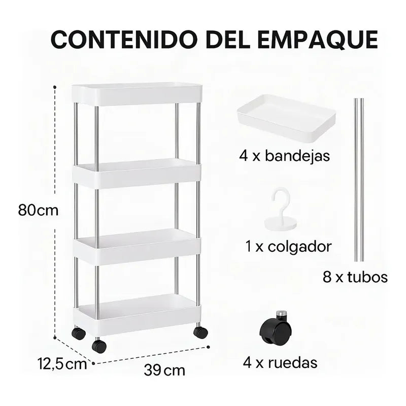 Estante Organizador 4 Niveles Con Ruedas Tecnishop Cocina Baño Oficina Blanco