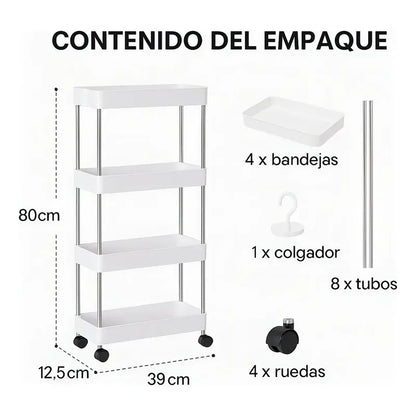 Estante Organizador 4 Niveles Con Ruedas Tecnishop Cocina Baño Oficina Blanco