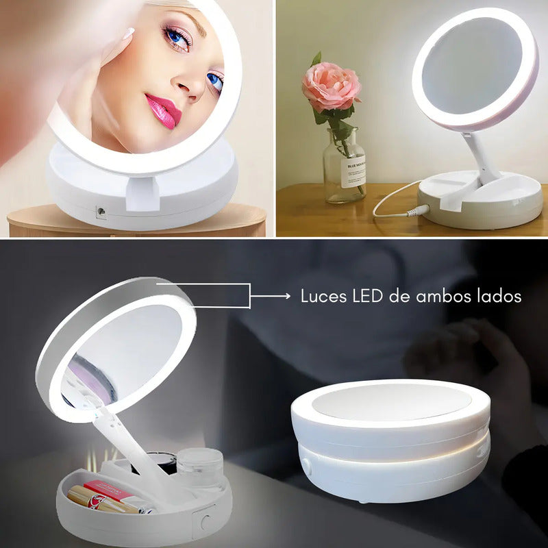 Espejo Con Luz Led Para Maquillaje Plegable + Aumento X 10 Telotenemos Espejo Redondo Circular Giratorio Para Maquillaje Blanco
