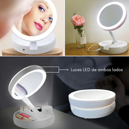 Espejo Con Luz Led Para Maquillaje Plegable + Aumento X 10 Telotenemos Espejo Redondo Circular Giratorio Para Maquillaje Blanco