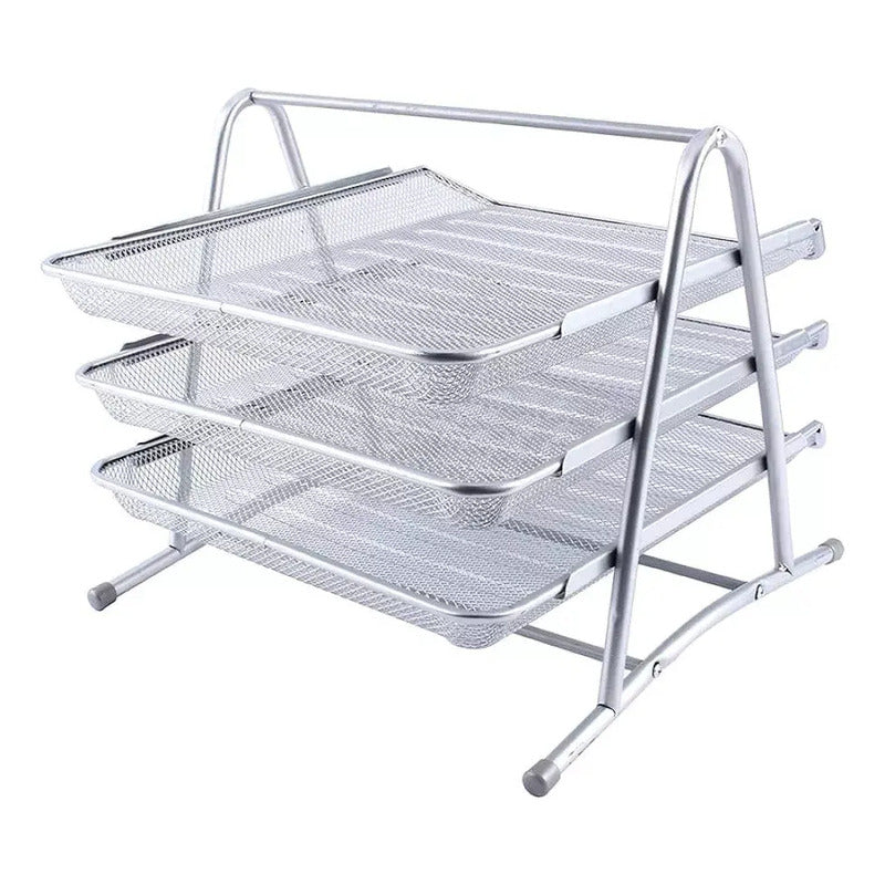 Bandeja Papelera Stendy Organizador Escritorio Metal 3 Pisos Desk Color Plateada Malla Metálica