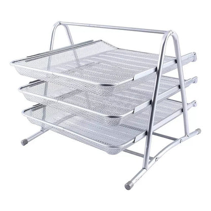 Bandeja Papelera Stendy Organizador Escritorio Metal 3 Pisos Desk Color Plateada Malla Metálica