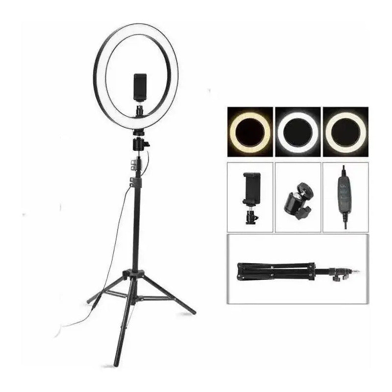 Anillo Aro Luz Led Fotografía 26 Cm + Trípode Ajustable Estructura Negro Luz Blanco Frío