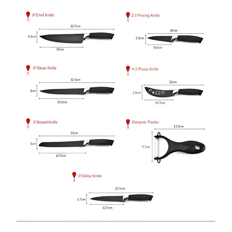 Set Cuchillos De Cocina Acero Inoxidable Antibacterial 7pcs Negro