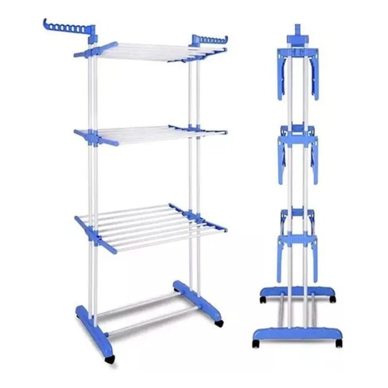 Tendedero 3 Niveles De Pie Colgador Ropa Con Rueda Vertical Portatil Color Blanco Y Azul Genérica Blanco/azul