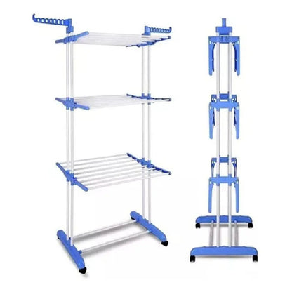 Tendedero 3 Niveles De Pie Colgador Ropa Con Rueda Vertical Portatil Color Blanco Y Azul Genérica Blanco/azul
