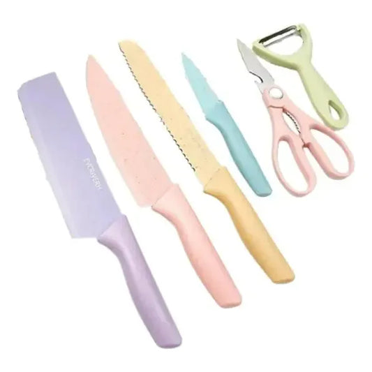 Set 6 Piezas De Cuchillos De Cocina Colores Tijera Y Pelador Multicolor