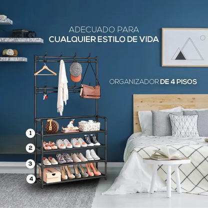 Perchero Zapatero Organizador 4 Niveles Ganchos Móviles De Acero Metálico Fasilyt Color Negro