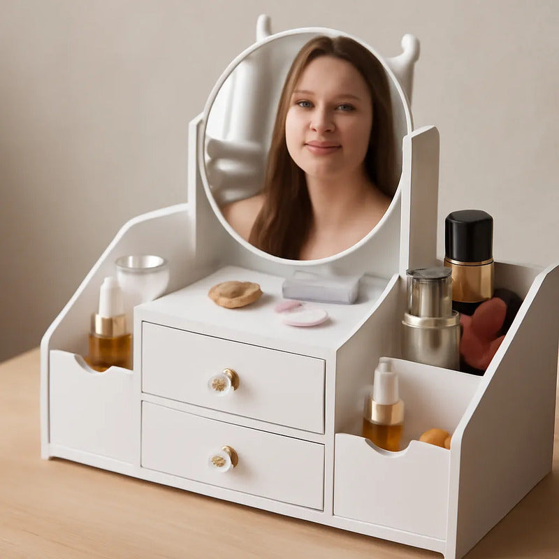 Organizador Maquillaje Espejo Con Orejas De Gato Color Blanco