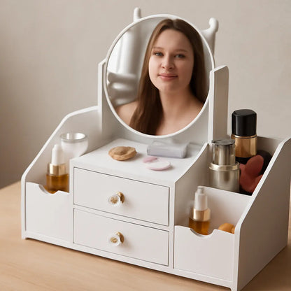 Organizador Maquillaje Espejo Con Orejas De Gato Color Blanco