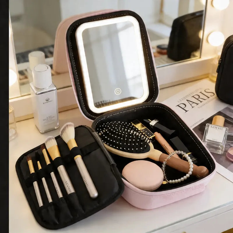 Maleta De Maquillaje Cosmetiquero Con Luz Y Espejo Rosa
