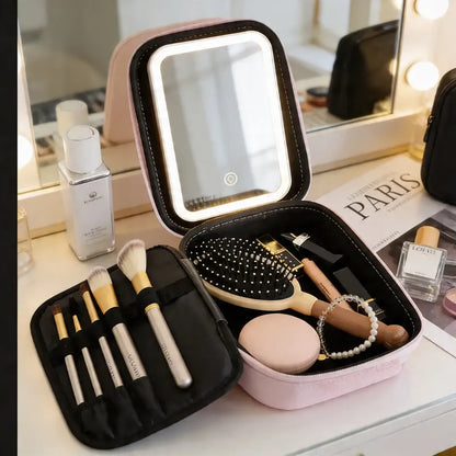 Maleta De Maquillaje Cosmetiquero Con Luz Y Espejo Rosa