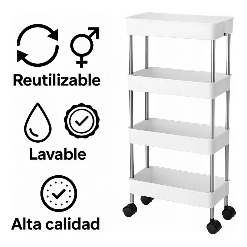 Estante Organizador 4 Niveles Con Ruedas Tecnishop Cocina Baño Oficina Blanco