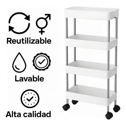 Estante Organizador 4 Niveles Con Ruedas Tecnishop Cocina Baño Oficina Blanco