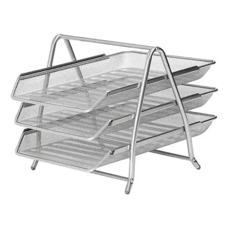 Bandeja Papelera Stendy Organizador Escritorio Metal 3 Pisos Desk Color Plateada Malla Metálica