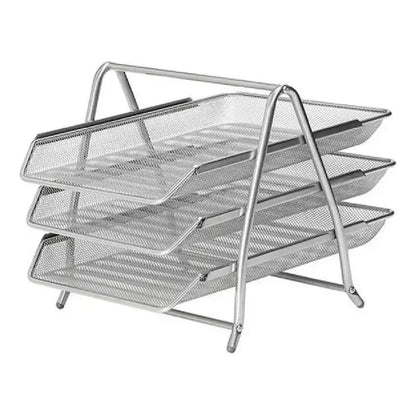 Bandeja Papelera Stendy Organizador Escritorio Metal 3 Pisos Desk Color Plateada Malla Metálica