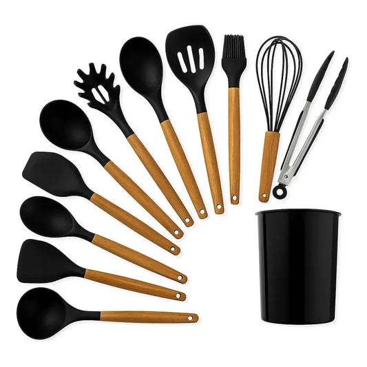Set 12 Utensilios De Cocina Silicona + Madera Home Supply. Color Negro. Resistente Al Calor, No Raya Las Ollas.