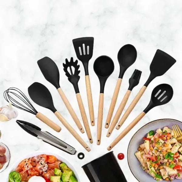Set 12 Utensilios De Cocina Silicona + Madera Home Supply. Color Negro. Resistente Al Calor, No Raya Las Ollas.