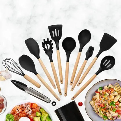 Set 12 Utensilios De Cocina Silicona + Madera Home Supply. Color Negro. Resistente Al Calor, No Raya Las Ollas.