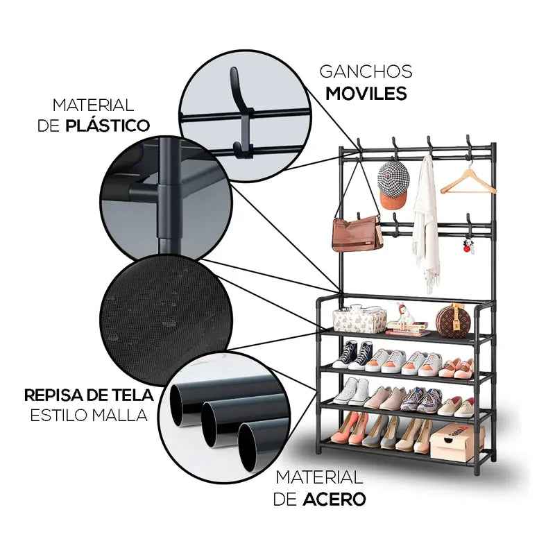 Perchero Zapatero Organizador 4 Niveles Ganchos Móviles De Acero Metálico Fasilyt Color Negro