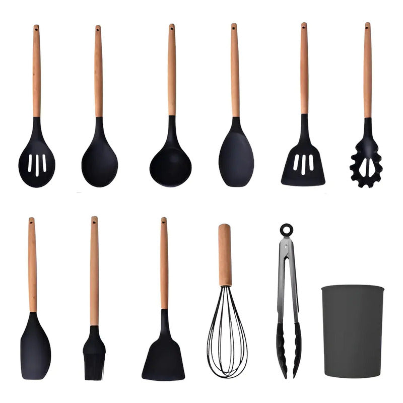 Set 12 Utensilios De Cocina Silicona + Madera Home Supply. Color Negro. Resistente Al Calor, No Raya Las Ollas.
