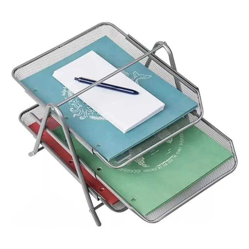 Bandeja Papelera Stendy Organizador Escritorio Metal 3 Pisos Desk Color Plateada Malla Metálica
